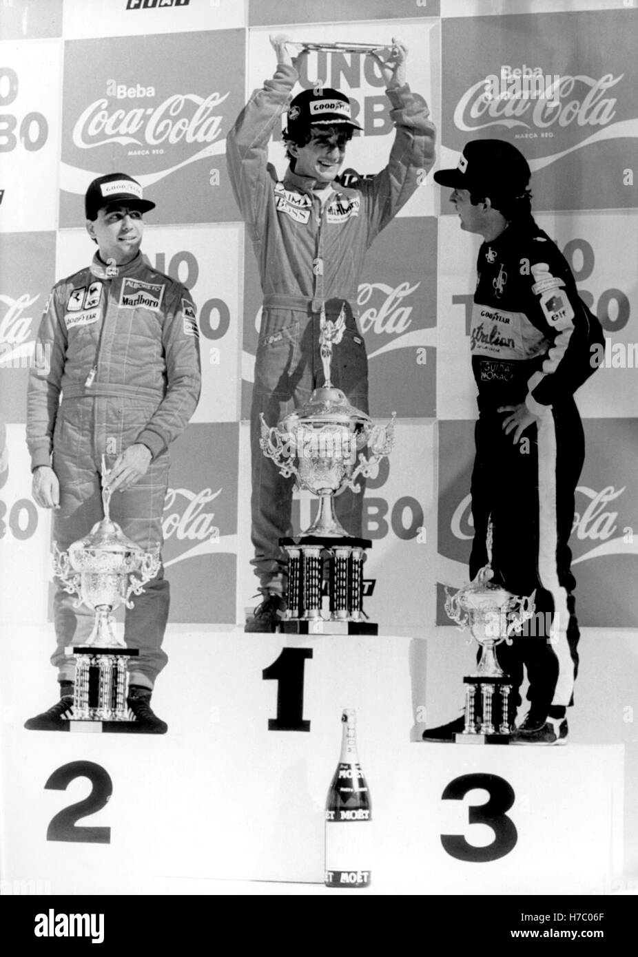 Podio 1985 Brasile Alain Prost 1st-Michele Alboreto 2nd-Elio de Angelis 3 Foto Stock