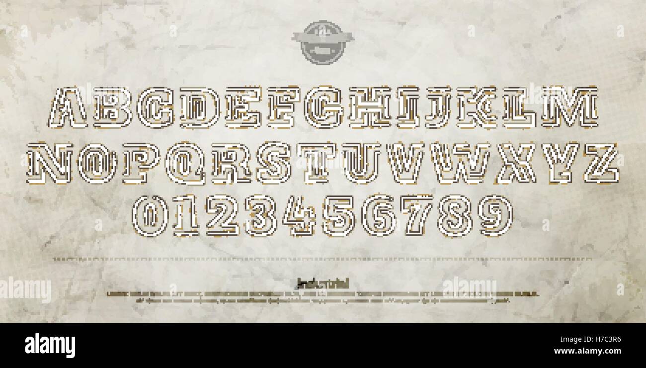 Stile industriale alfabeto lettere e numeri oltre il muro di cemento texture. vettore, grungy font type design. scolpito caratteri symbol Illustrazione Vettoriale