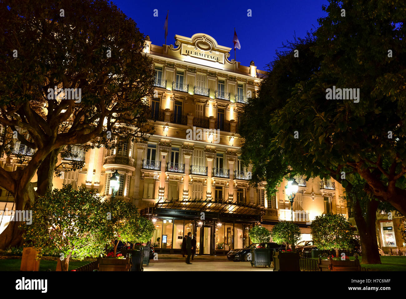 Hermitage Hotel di notte, il Principato di Monaco Foto Stock