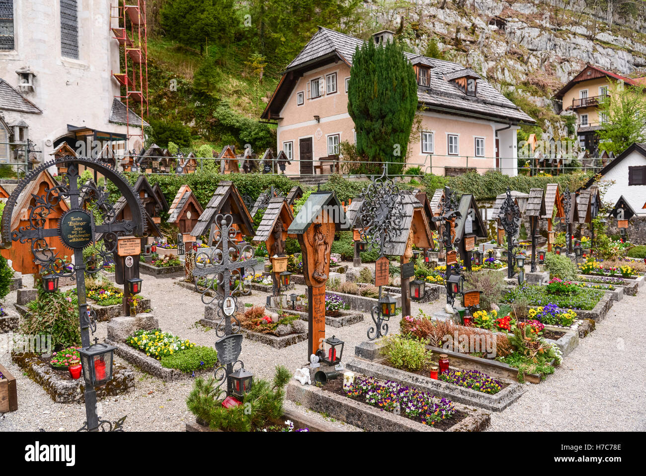 Il cimitero di Hallstatt, Hallstatt, Austria Foto Stock