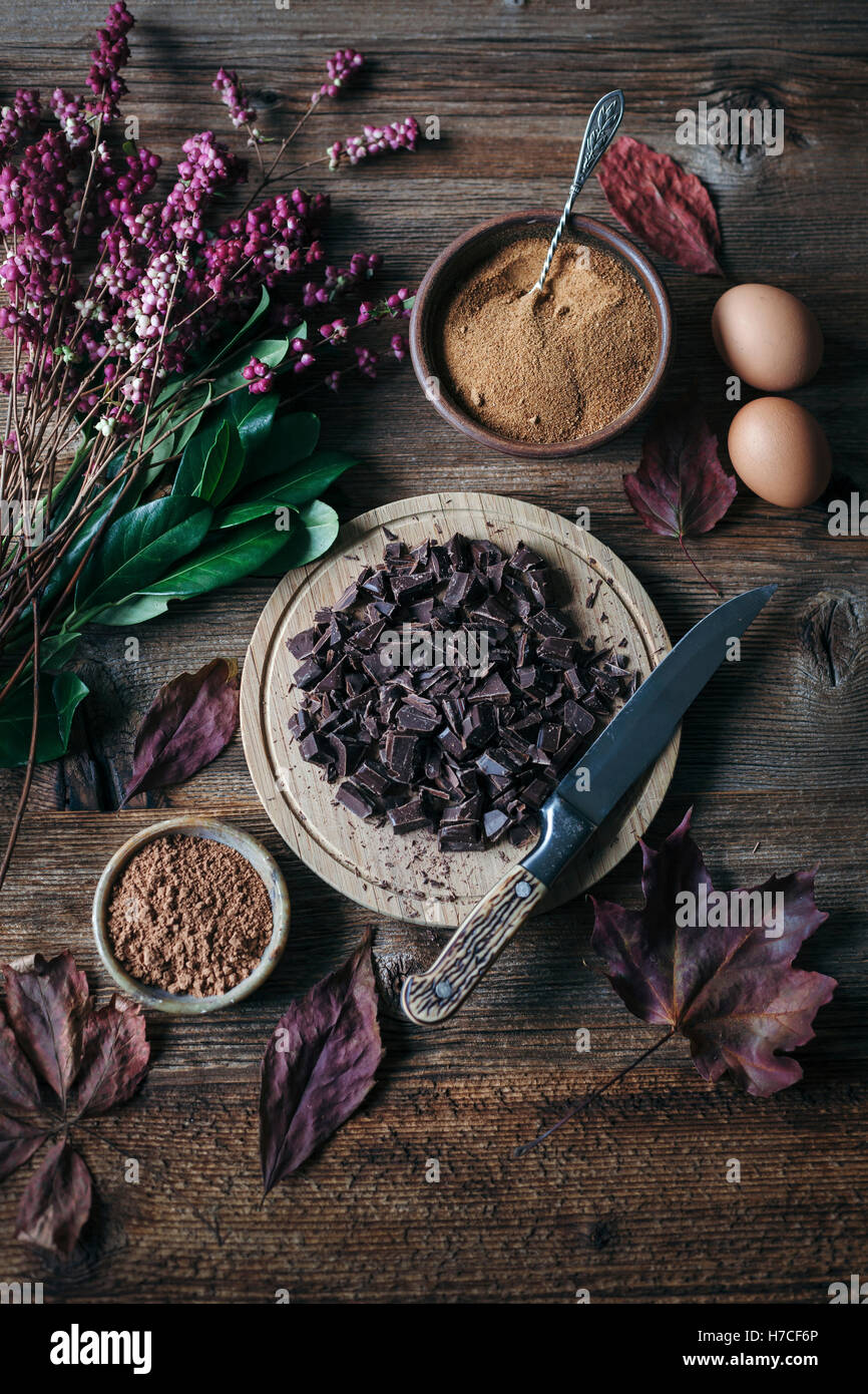 Di cioccolato a pezzetti di cocco, zucchero, uova e cacao in polvere sul tavolo di legno Foto Stock