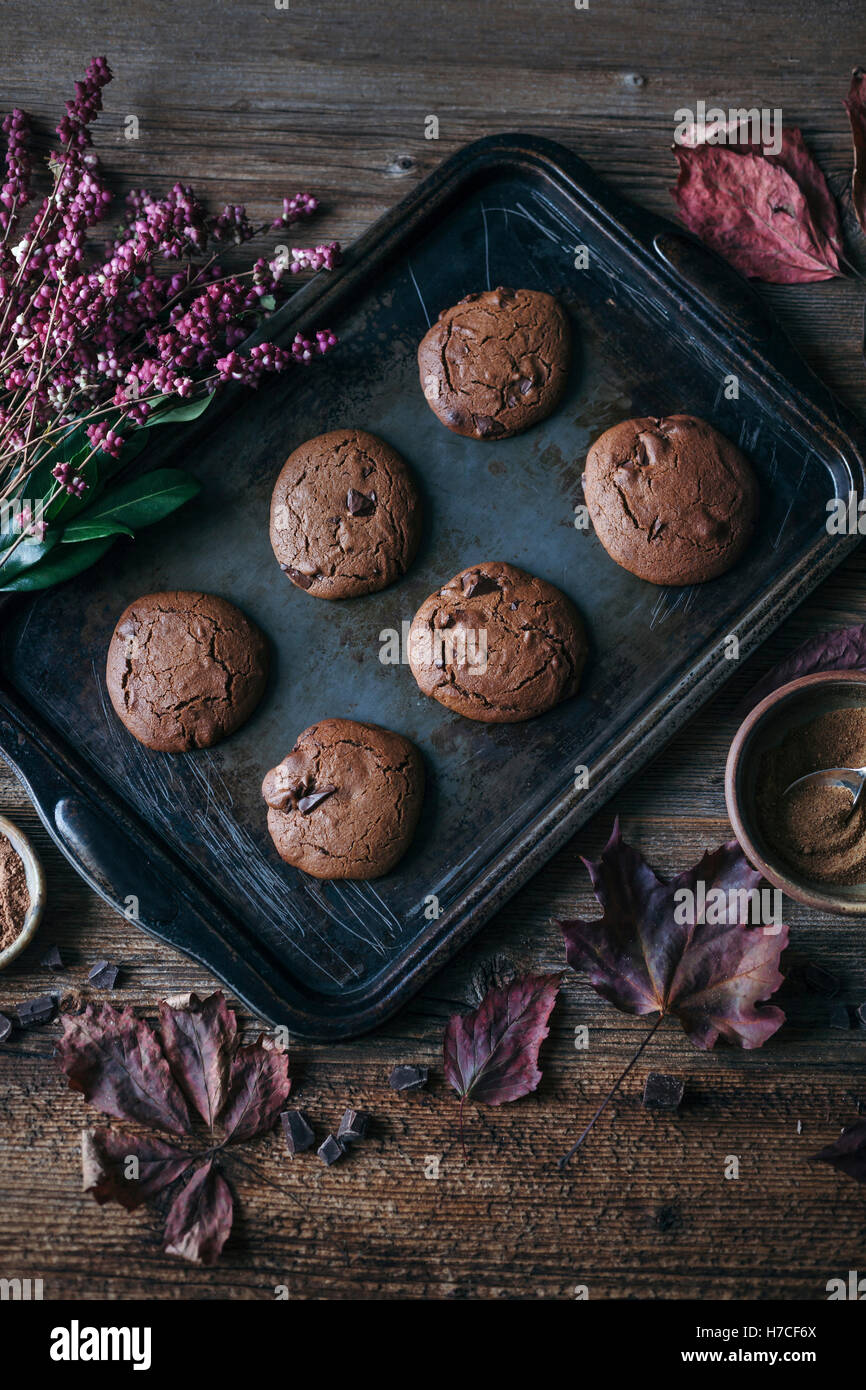 Biscotti al cioccolato su un vassoio da forno Foto Stock
