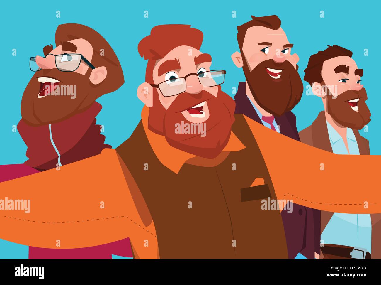 Barbuto Business Man Gruppo tenuto Selfie foto su Smart Phone piatta illustrazione vettoriale Illustrazione Vettoriale