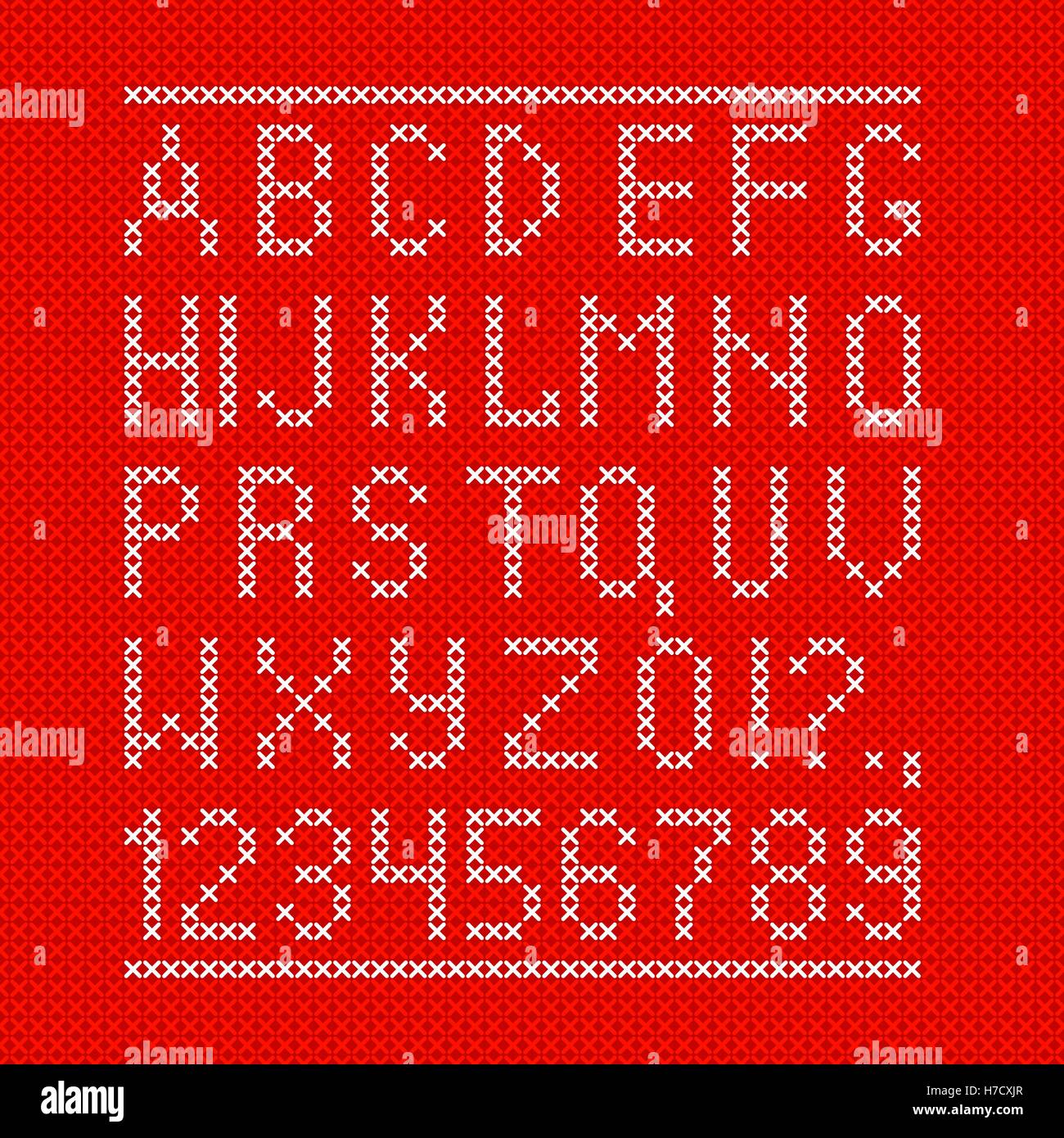 Ricamato da punto croce alfabeto inglese con i numeri e i simboli sul panno  rosso texture Immagine e Vettoriale - Alamy