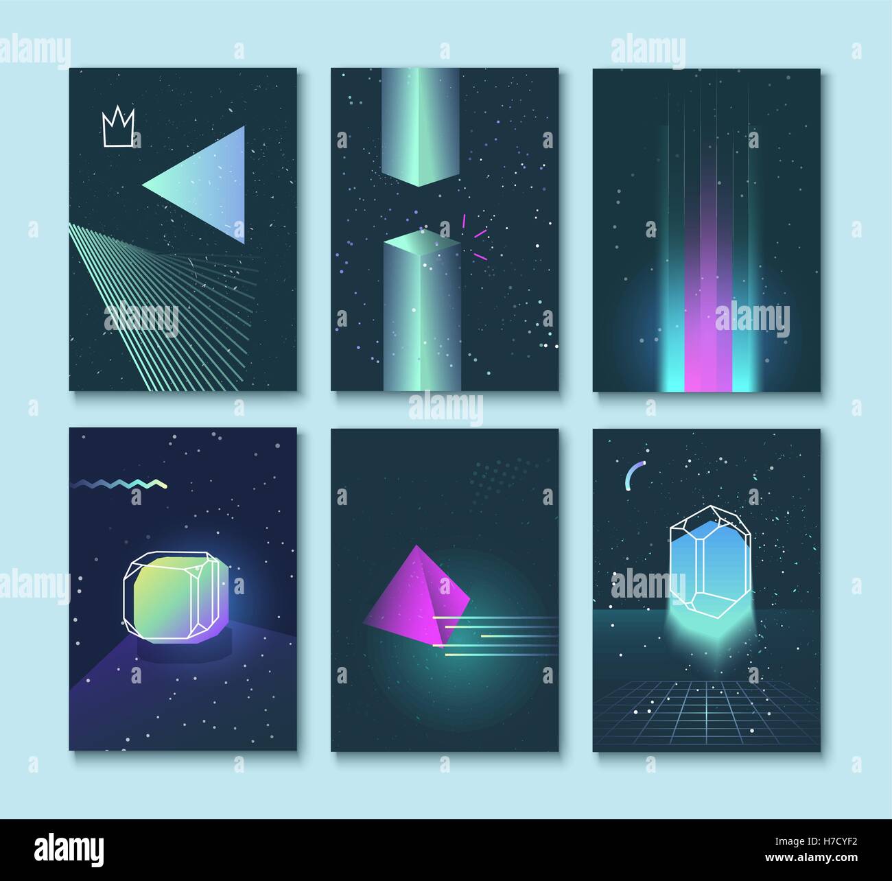 Set di sfondi del vettore spaziale al neon 80s di cristalli di stile Illustrazione Vettoriale