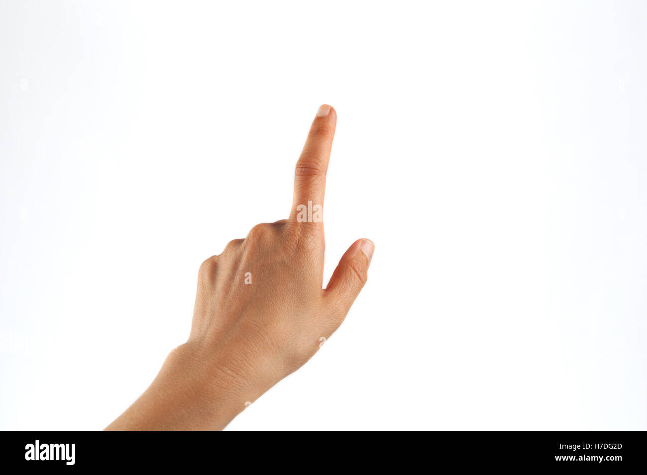 Femmina maschiatura a mano con un dito di una mano isolato su bianco Foto Stock