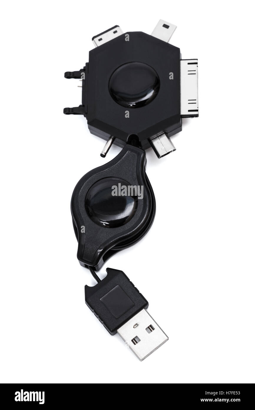 Adattatore per telefono con usb su sfondo bianco Foto Stock