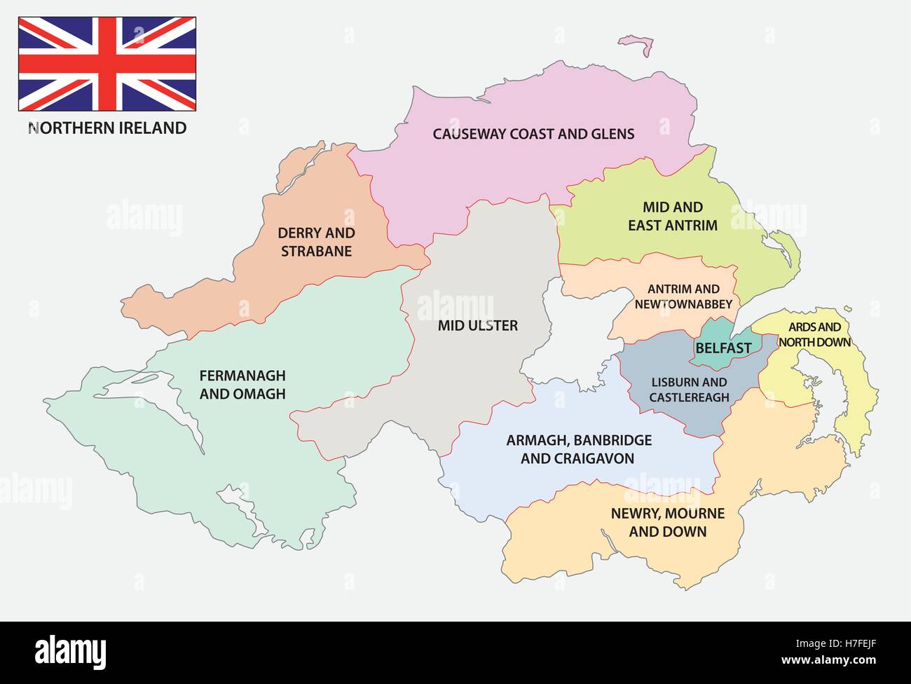 Irlanda del Nord politica e amministrativa di mappa con bandiera Illustrazione Vettoriale