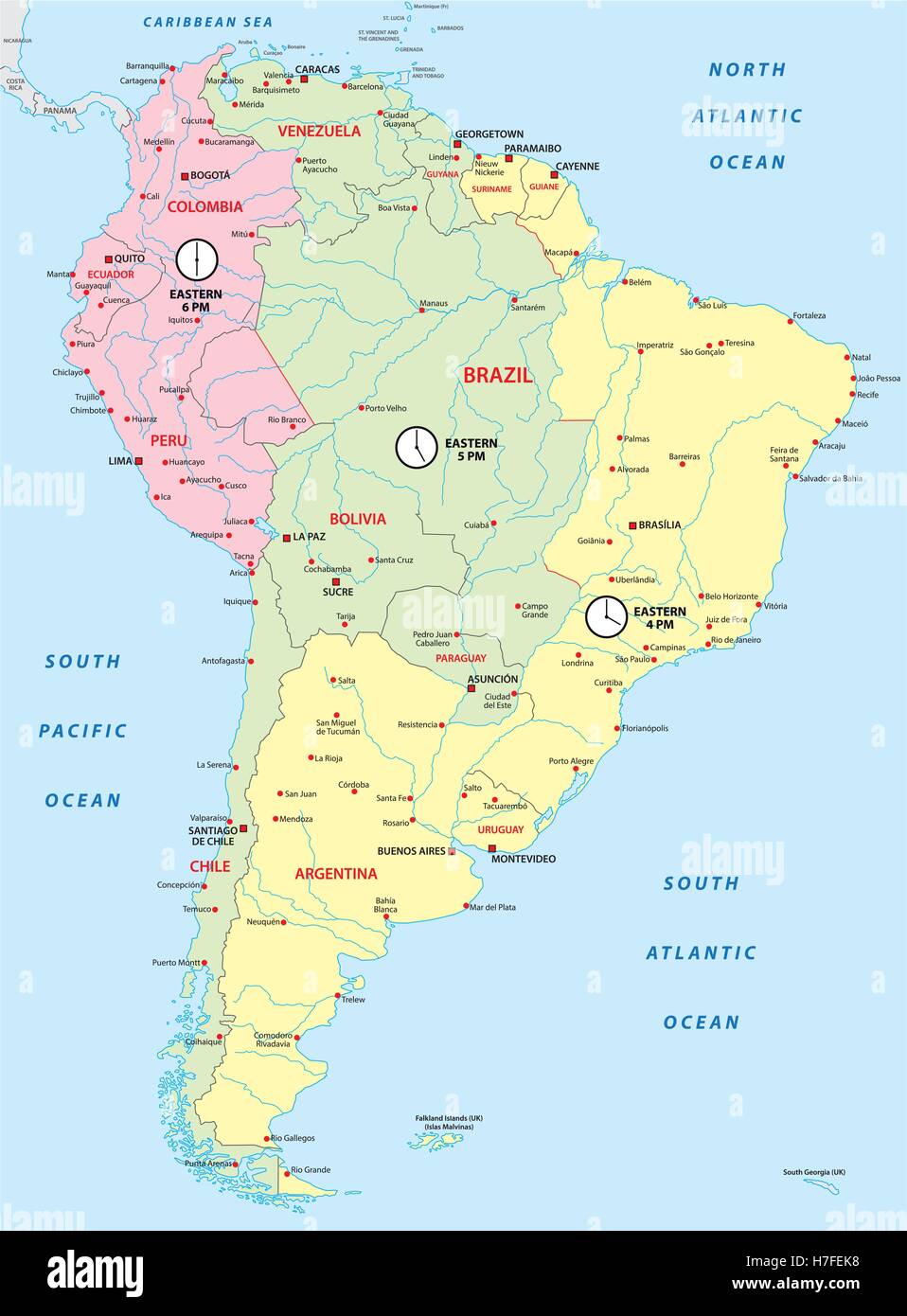 Sud America mappa con fusi orari Immagine e Vettoriale - Alamy