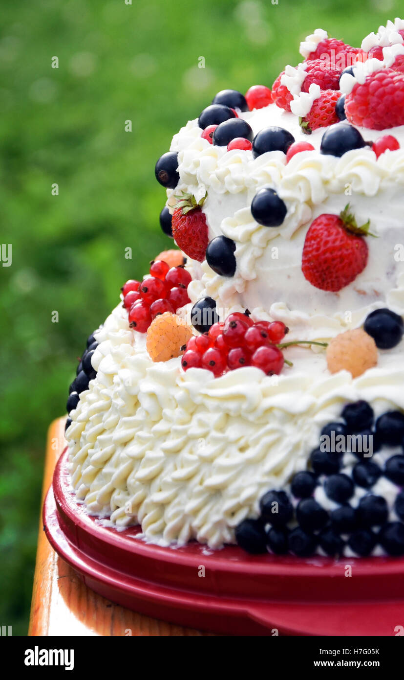 Estate, torta decorata con frutti di bosco Foto Stock