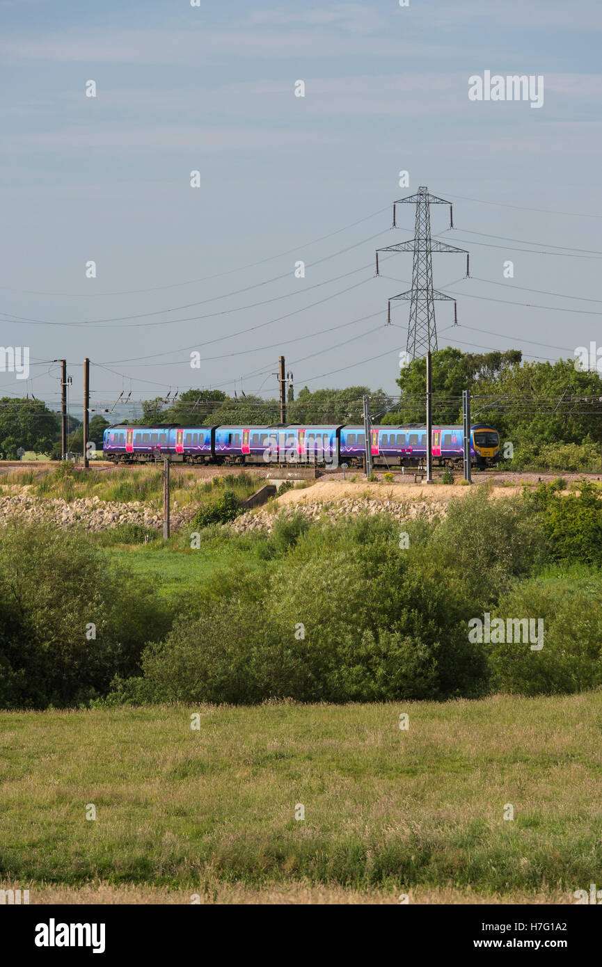 TransPennine Express, diesel multiple-treno di unità, viaggiando attraverso la campagna sulla costa orientale la linea vicino a York, Inghilterra. Foto Stock