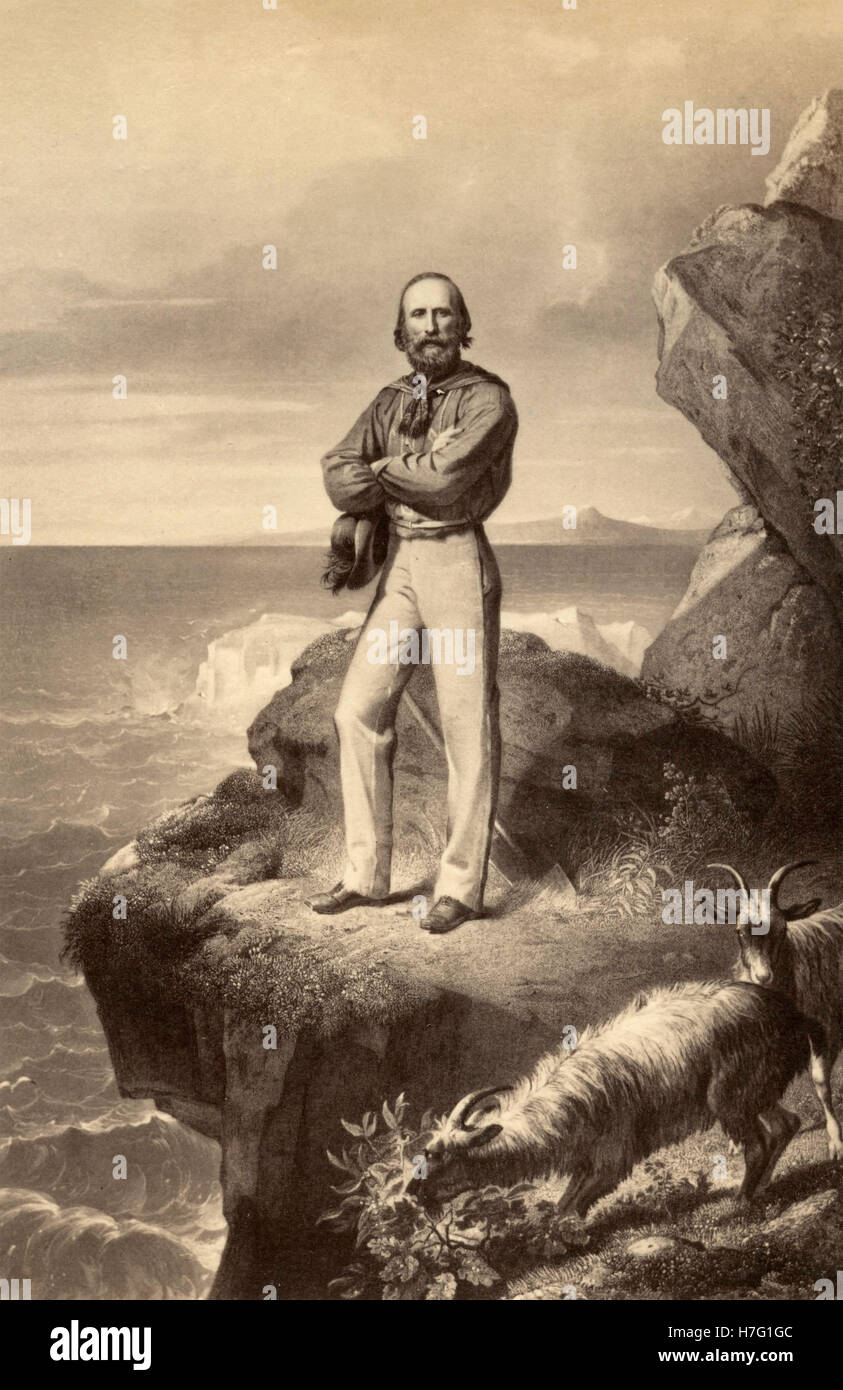 Giuseppe Garibaldi su una rupe di Isola di Caprera, attacco Foto Stock