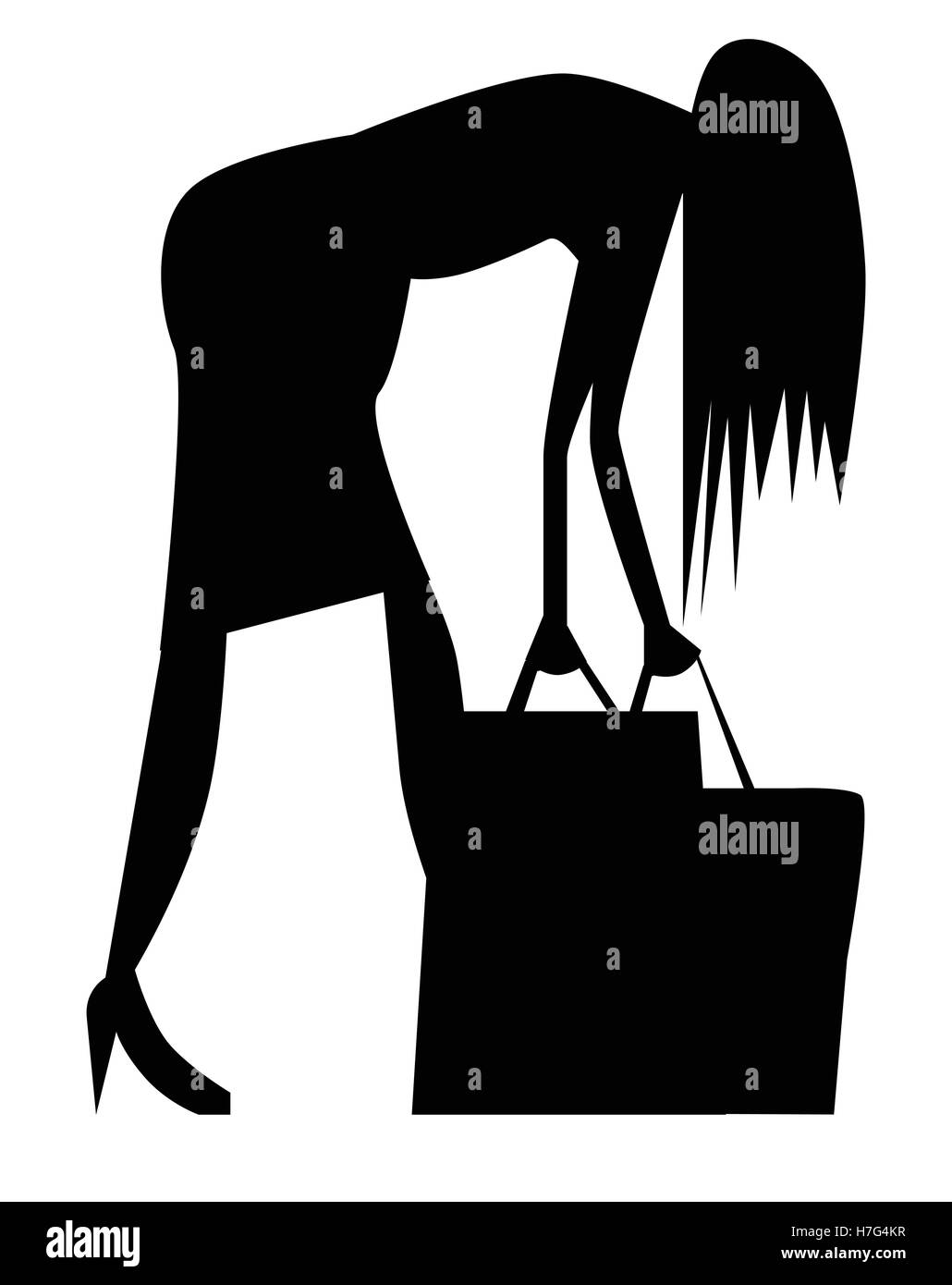 Un cartoon donna in silhouette lottando con il suo shopping bags. Illustrazione Vettoriale