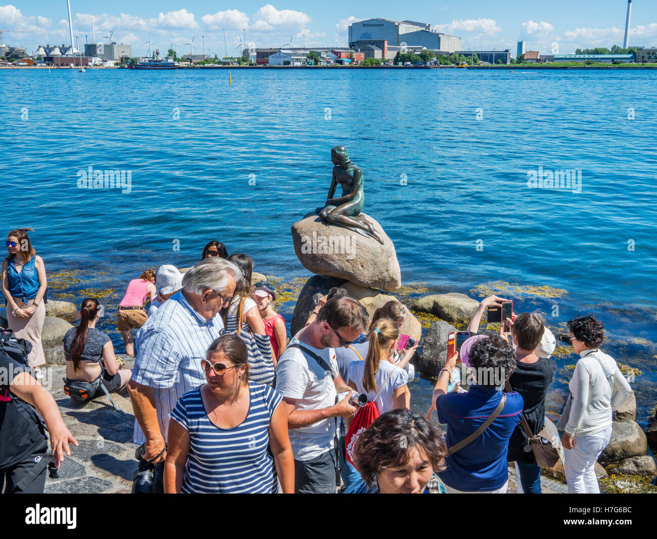La Danimarca, la Zelanda, Copenhagen, la Sirenetta bronce statua a Langelinie promenade molto ammirato dai turisti Foto Stock
