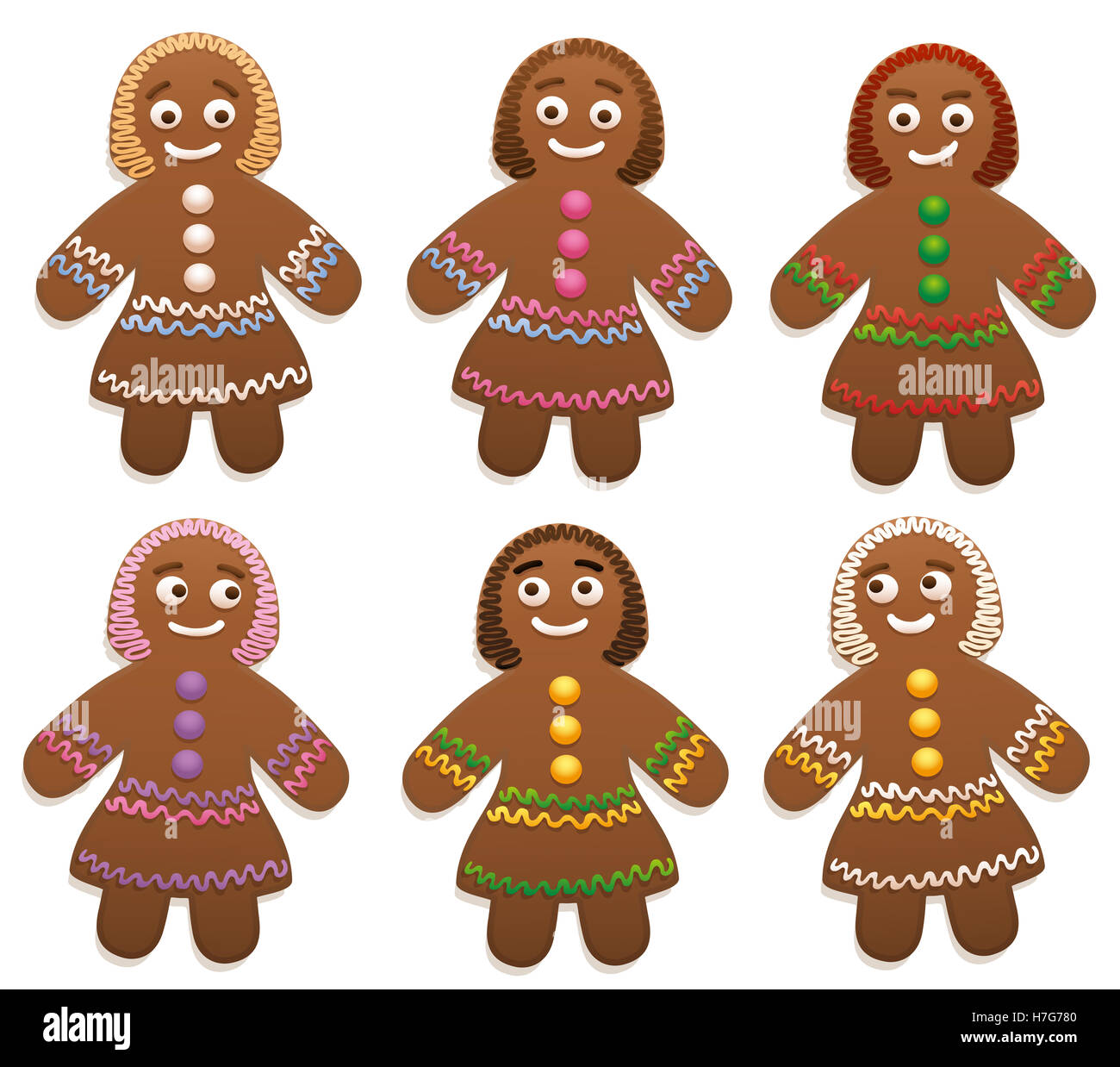 Femmina gingerbread man group - isolato illustrazione vettoriale su sfondo bianco. Foto Stock