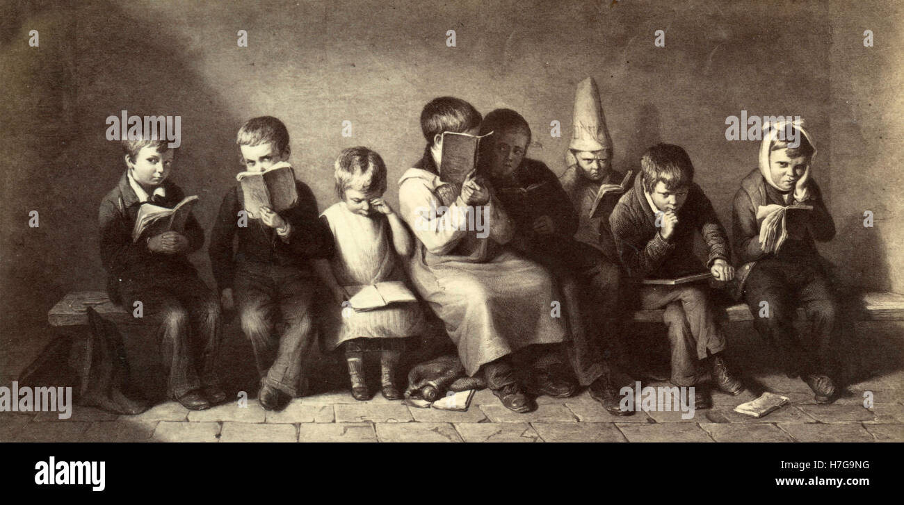 Un gruppo di bambini seduti in una fila, pittura Foto Stock