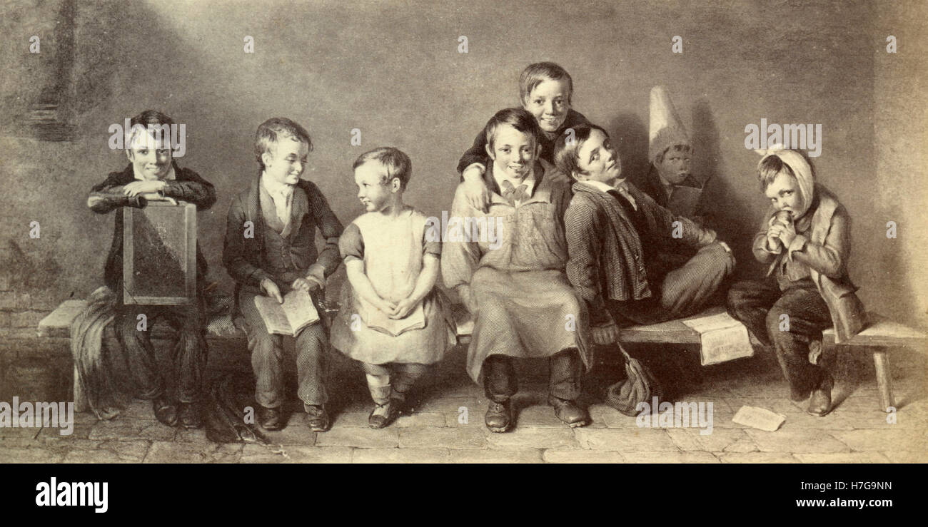 Un gruppo di bambini seduti in una fila, pittura Foto Stock