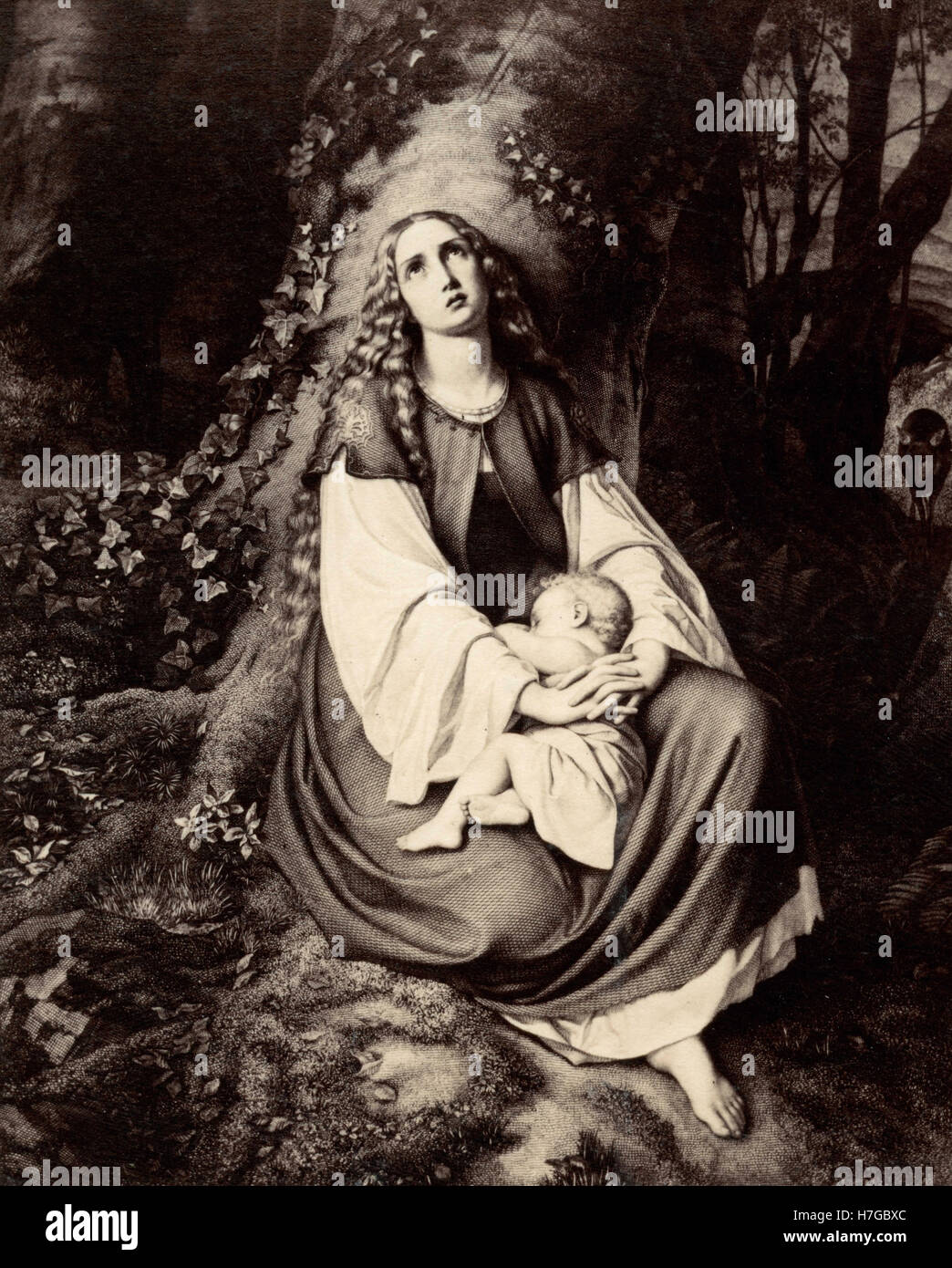 Donna con bambino seduto in legno, stampa Foto Stock