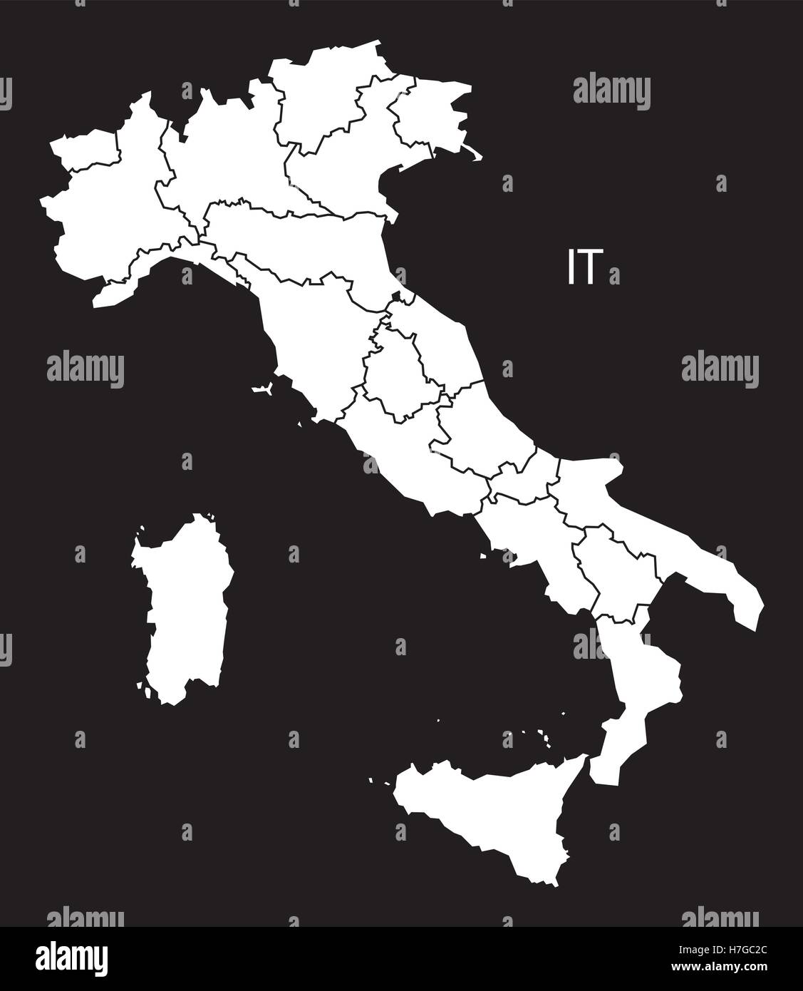 Italia mappa con le regioni in bianco nero e - Alamy