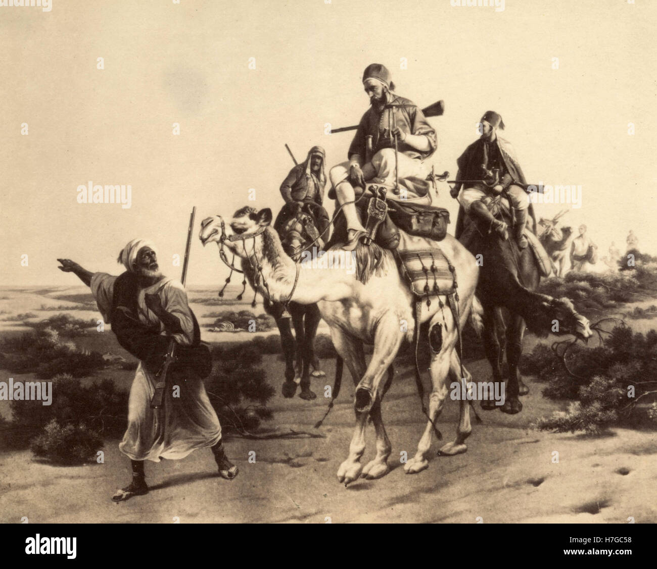 Gli arabi a cavallo di cammelli nel deserto, Victorian Age stampa Foto Stock