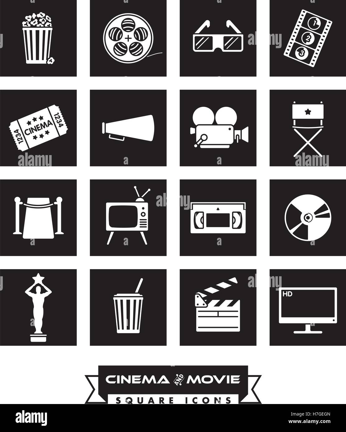 Raccolta di 16 cinema e film correlati icone vettoriali in nero quadrati con angoli arrotondati Illustrazione Vettoriale