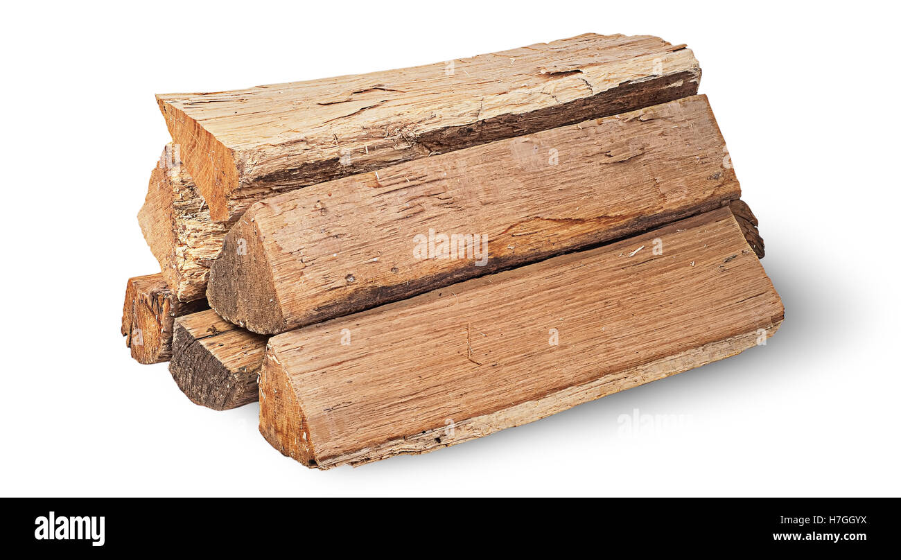 Catasta di legna da ardere ruotato isolati su sfondo bianco Foto Stock