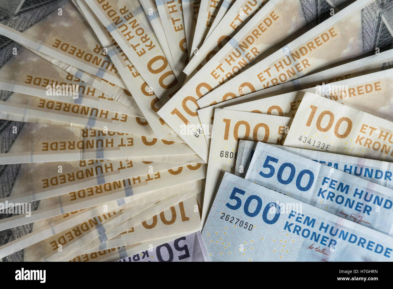 100 e 500 corone danesi banconote Foto Stock
