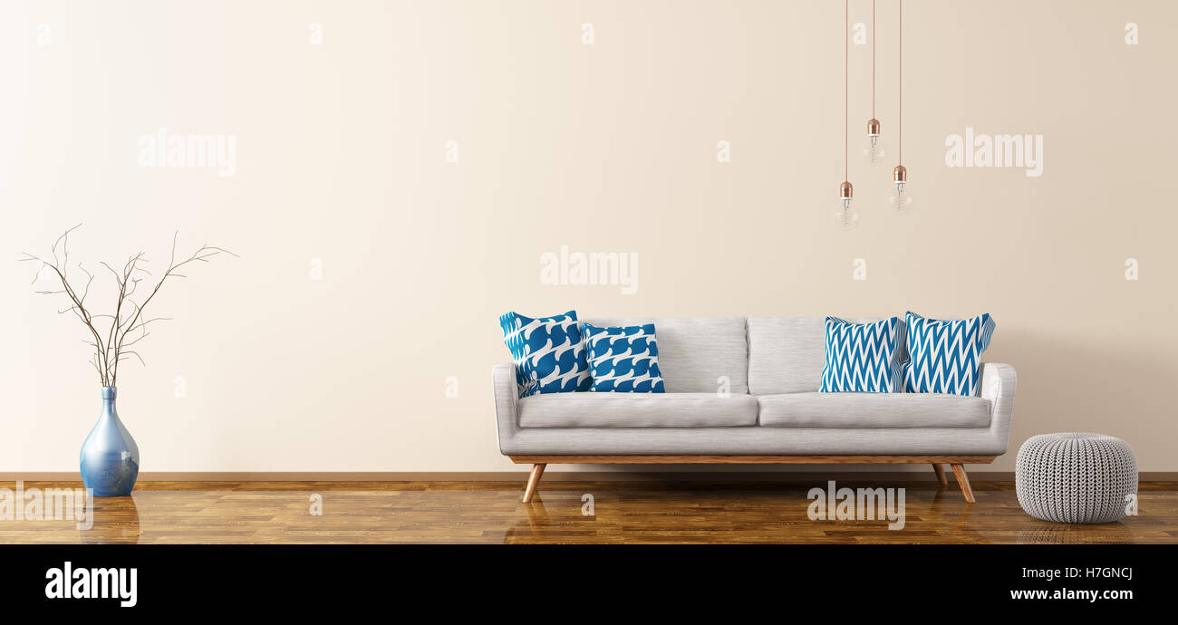 Gli interni moderni del soggiorno con divano bianco, maglia pouf, un vaso e le lampadine panorama 3d rendering Foto Stock