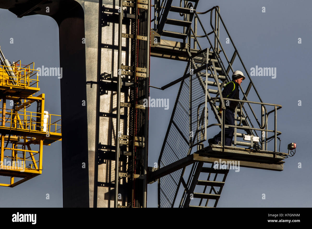 Uomo scaletta di arrampicata su grandi gru di banchina a Grangemouth Foto Stock