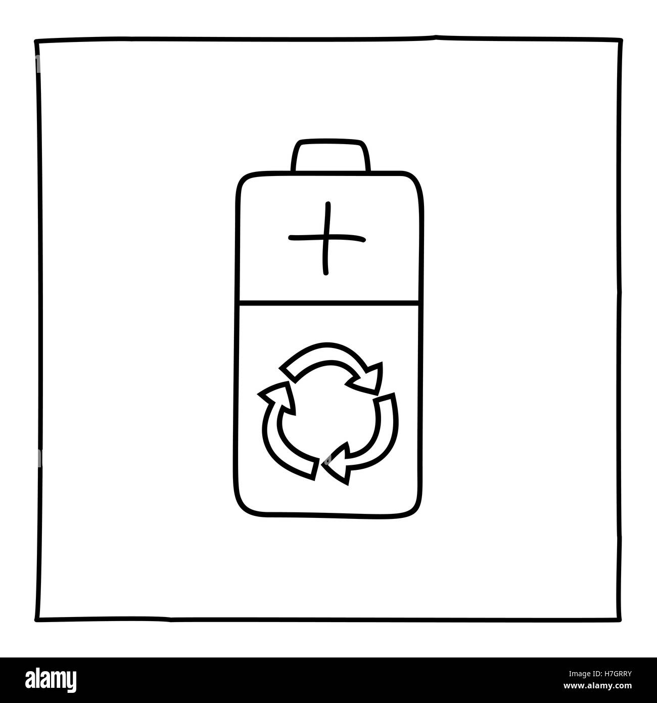 Doodle eco icona della batteria. Bianco e nero simbolo con il telaio. Linea di stile arte graphic design elemento. Pulsante Web. Isolato su bianco Illustrazione Vettoriale