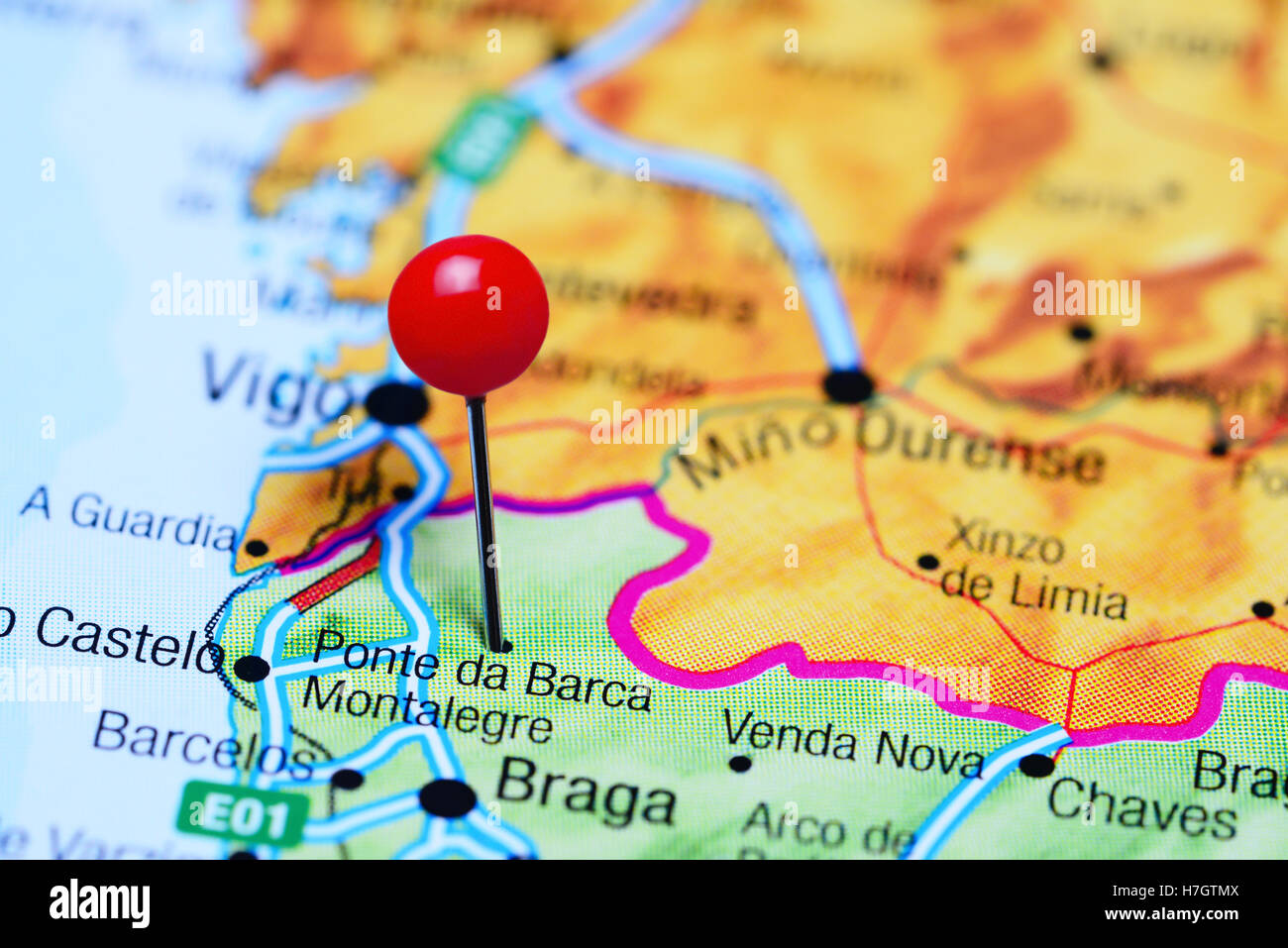 Ponte da Barca imperniata su una mappa del Portogallo Foto Stock