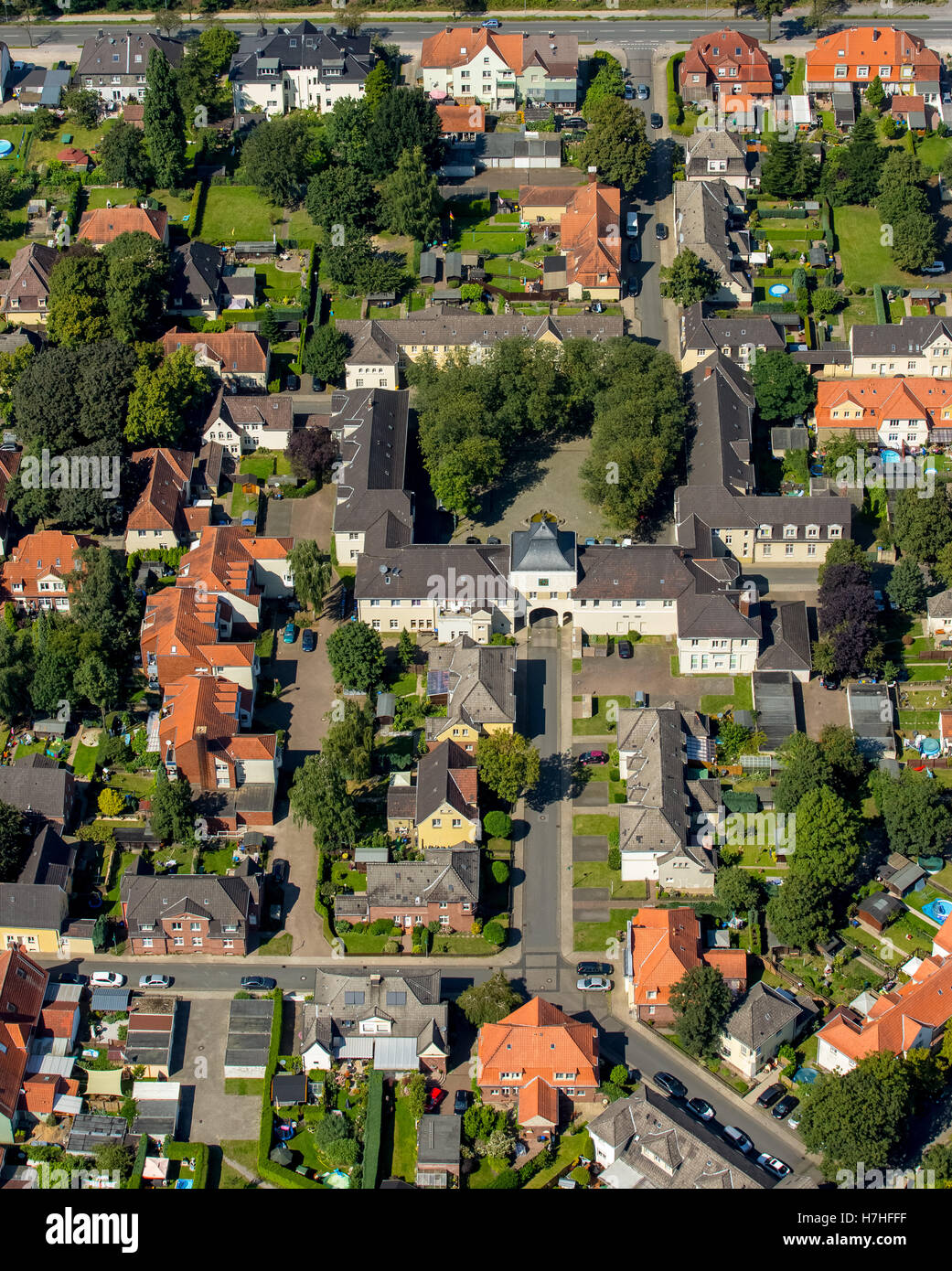 Vista aerea, alloggiamento Dorsten-Hervest station wagon Fürst Leopold, storico lavoratori' insediamento, colliery case, Dorsten, la zona della Ruhr, Foto Stock