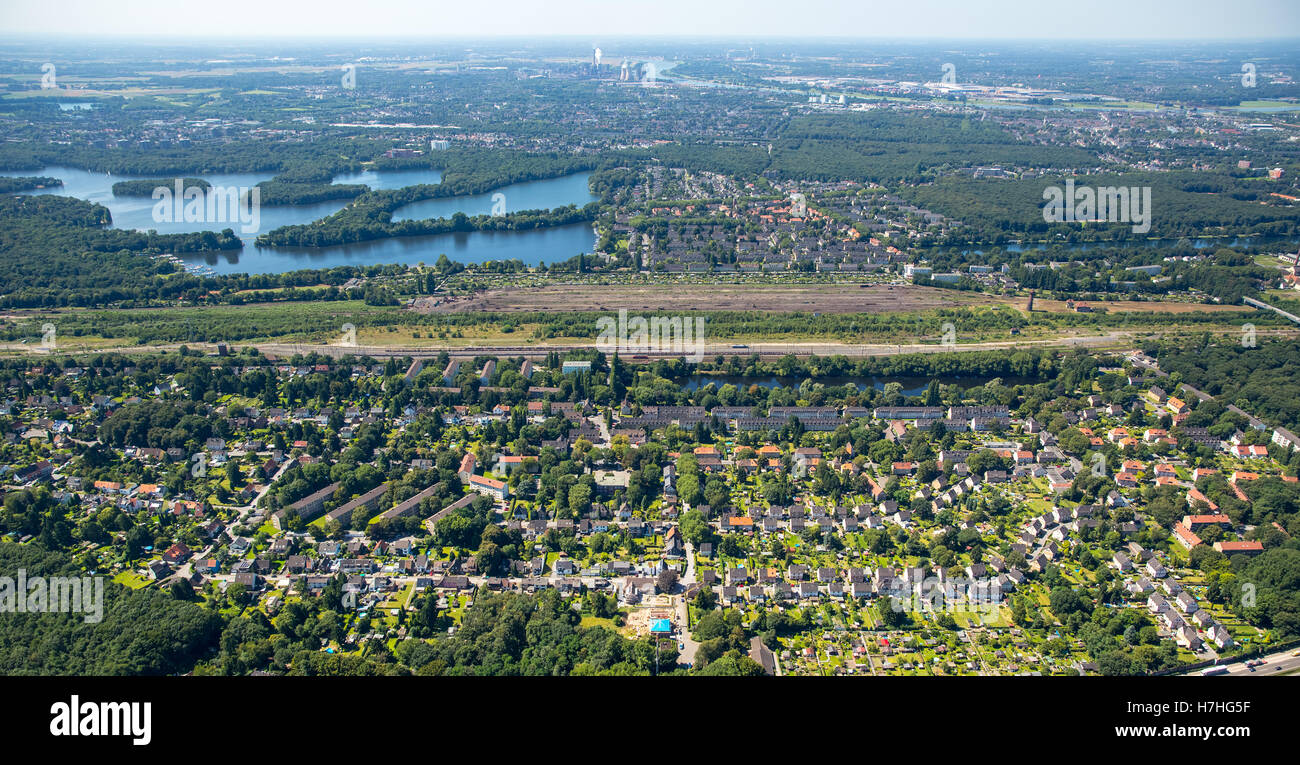 Vista aerea, Duisburg-Wedau Bissingheim stazione ferroviaria Bissingheim insediamento storico sviluppo residenziale, Duisburg, Foto Stock