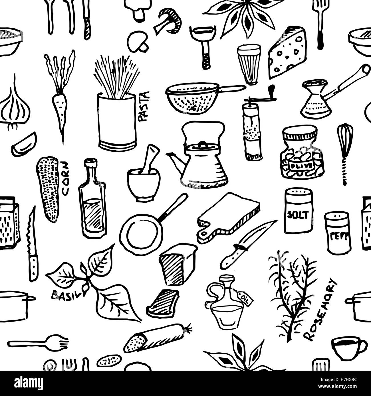 Seamless pattern su un tema di cucina. Una varietà di prodotti, stoviglie, elettrodomestici e condimenti. Cucinare, mangiare sano. EPS Illustrazione Vettoriale