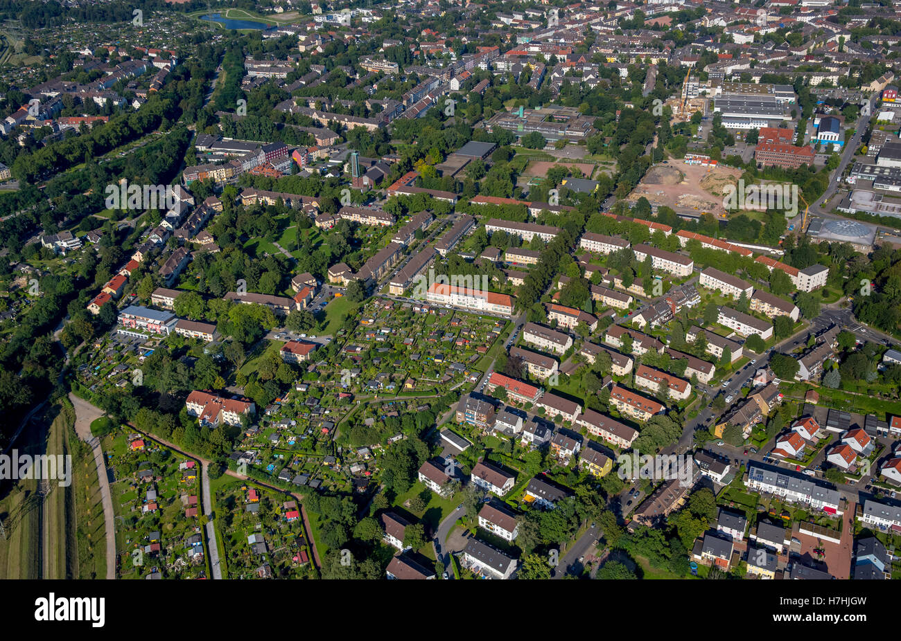 Foto aerea, Essen-Altendorf Hirtsiefer-settlement, storico insediamento sul posto di lavoro per la Krupp'sche Gussstahlfabrik, Essen, Ruhr Foto Stock