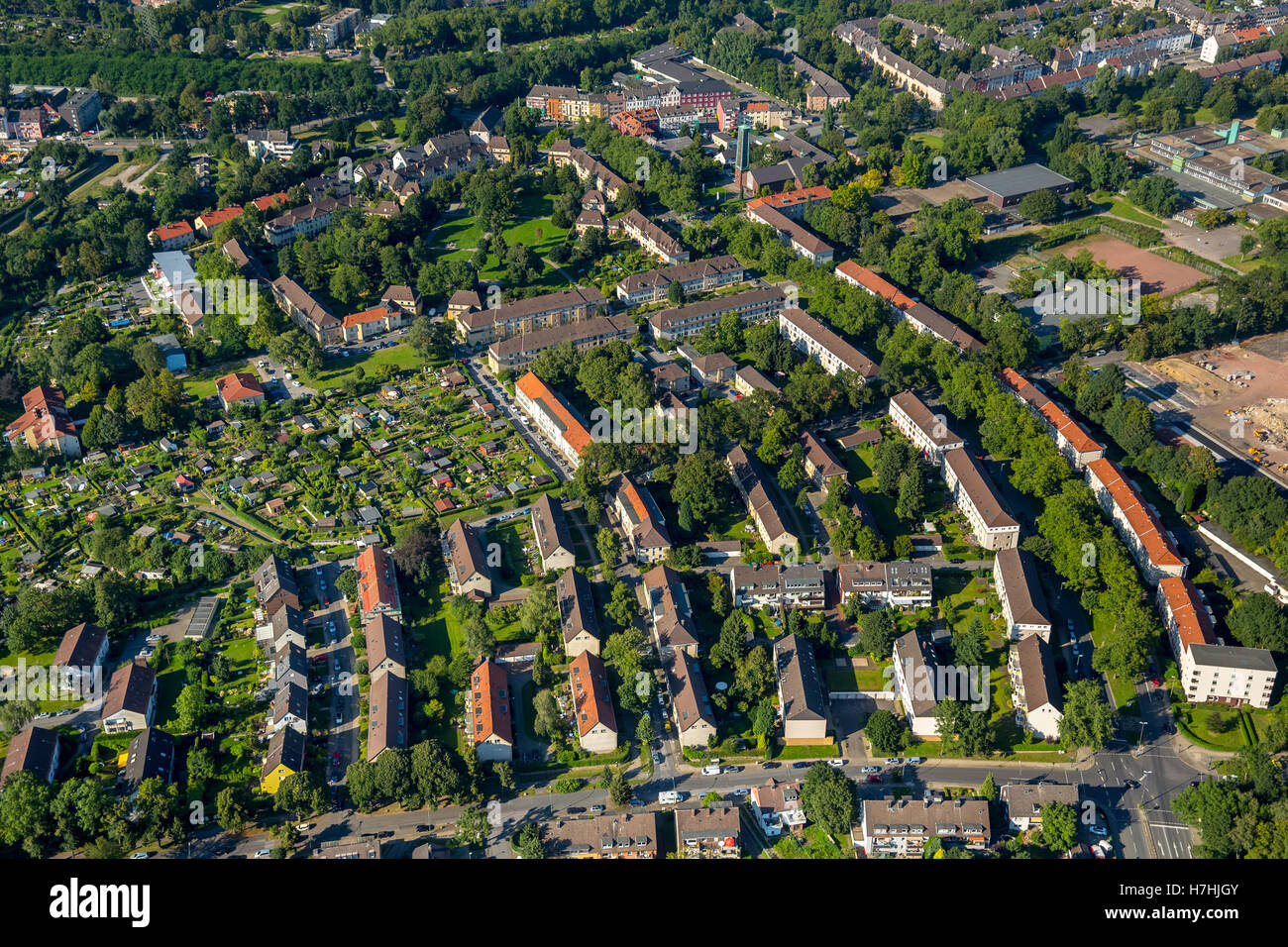 Foto aerea, Essen-Altendorf Hirtsiefer-settlement, storico insediamento sul posto di lavoro per la Krupp'sche Gussstahlfabrik, Essen, Ruhr Foto Stock