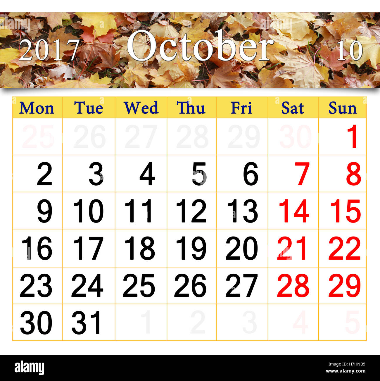 Calendario per il mese di ottobre 2017 con il nastro di foglie di giallo Foto Stock