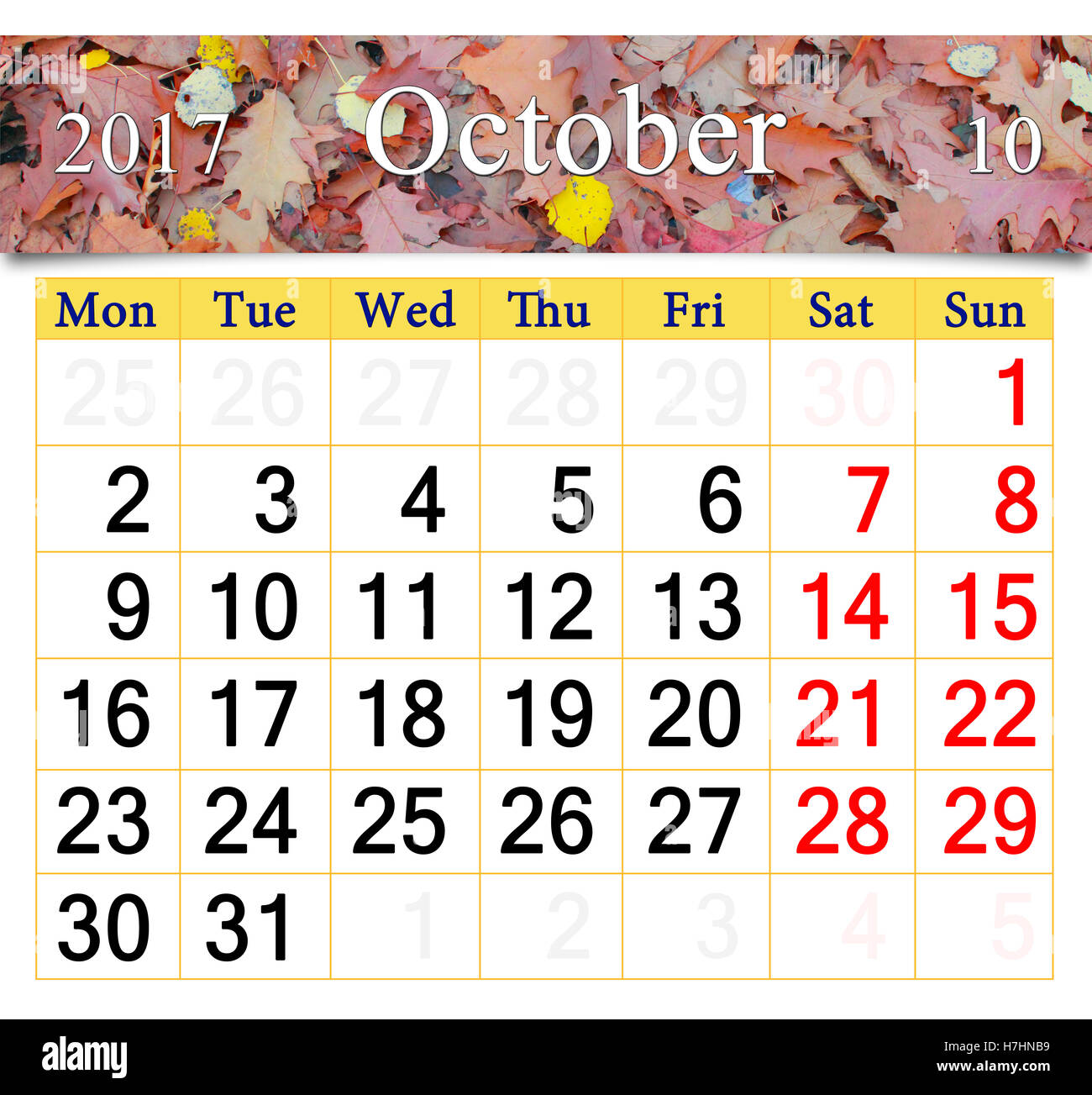 Calendario per il mese di ottobre 2017 con il nastro di foglie di giallo Foto Stock