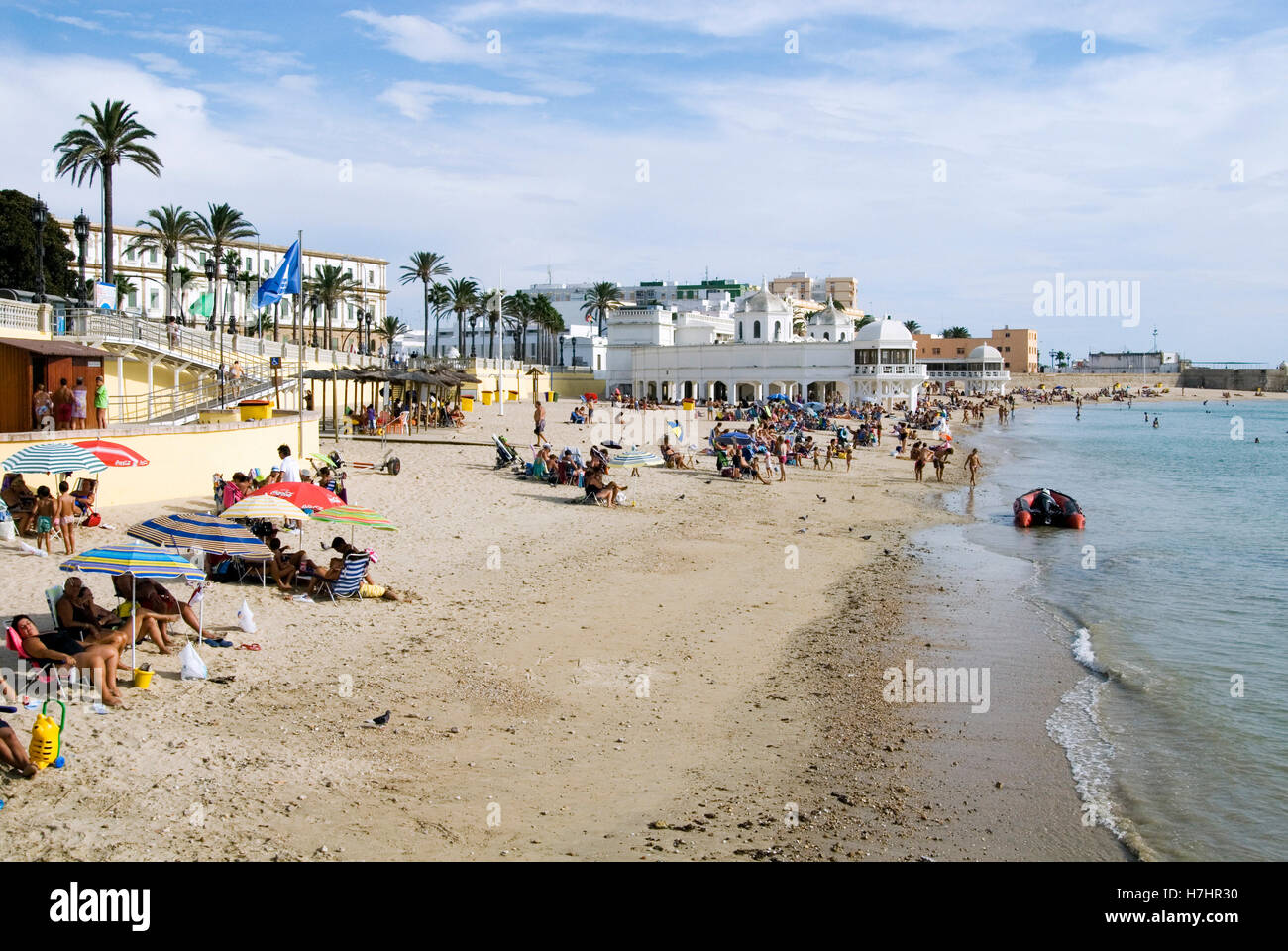 City Beach, Playa de la caleta con Balneario de la Palma a Cadice, Andalusia, Spagna, Europa Foto Stock