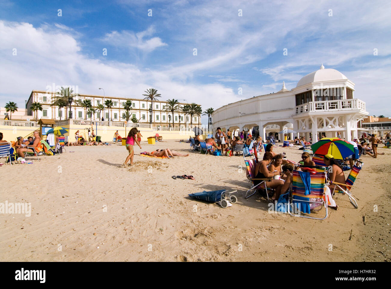 City Beach, Playa de la caleta con Balneario de la Palma a Cadice, Andalusia, Spagna, Europa Foto Stock