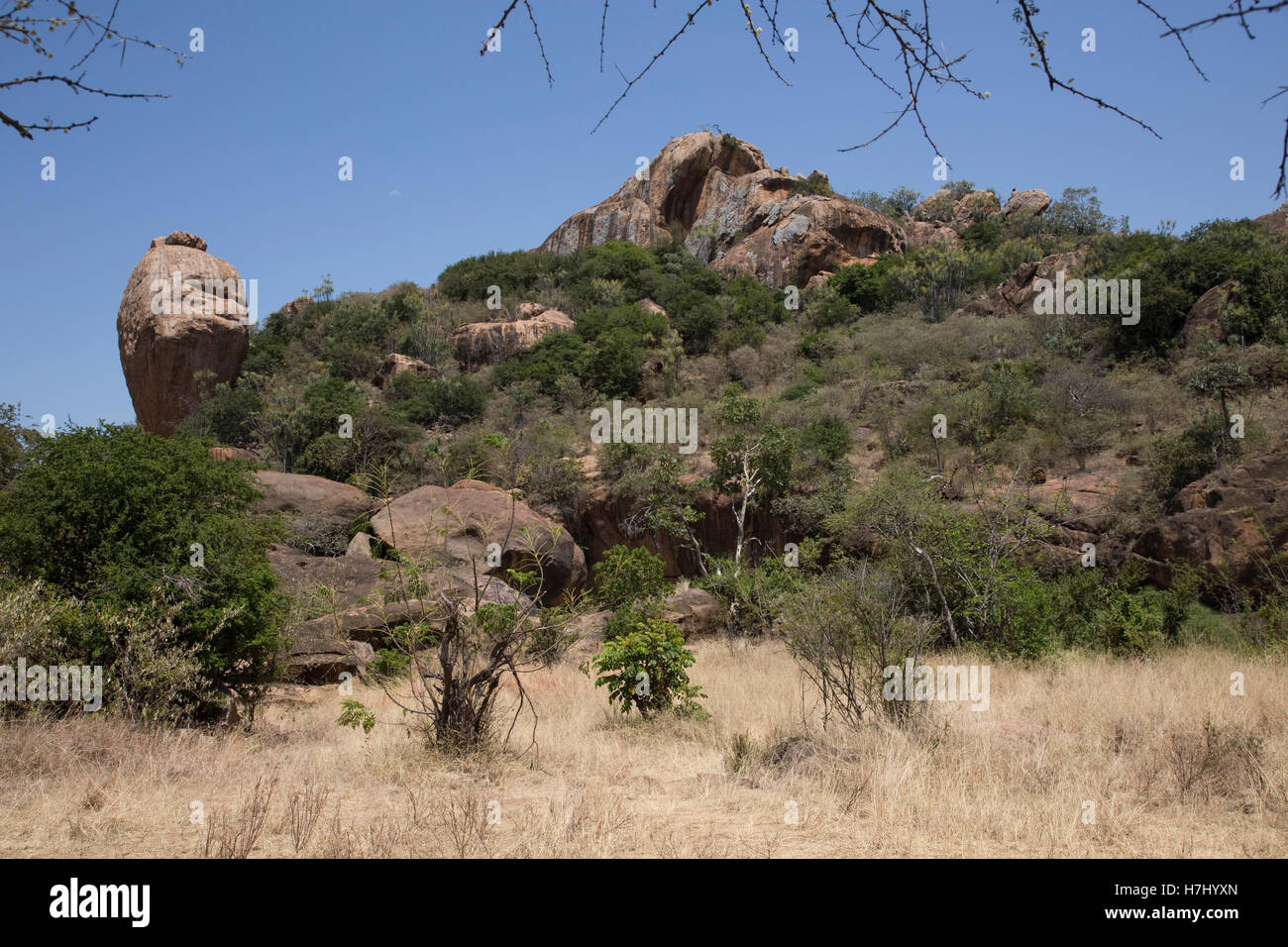 Drammatica sperone di roccia o kopje Altopiano di Laikipia vicino a Nanyuki Kenya Foto Stock