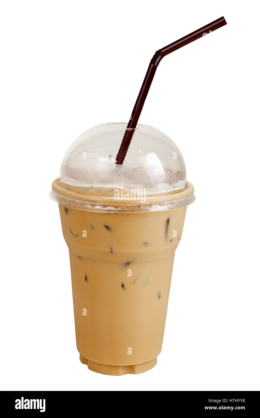Caffè espresso caffè ghiacciato con cannucce in plastica chiara cup. Isolato su bianco con percorsi di lavoro Foto Stock