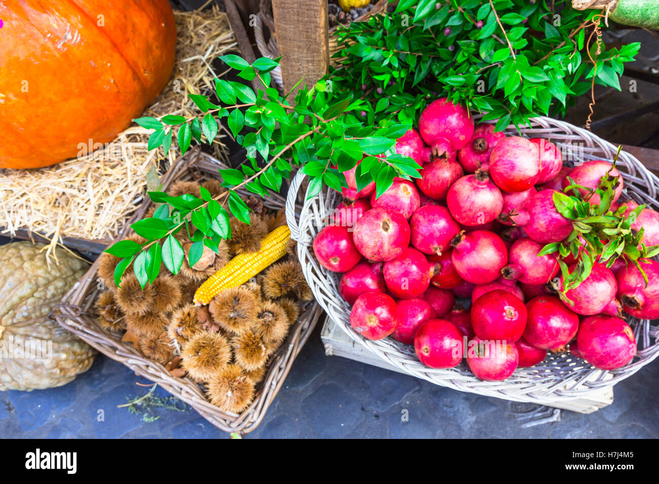 Colorata vita ancora con l'autunno di frutta e verdura in mercato di campo di fiori a roma Foto Stock