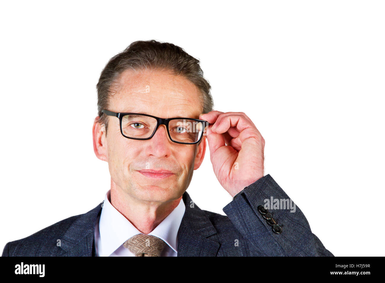 Uomo con gli occhiali - isolato su sfondo bianco Foto Stock