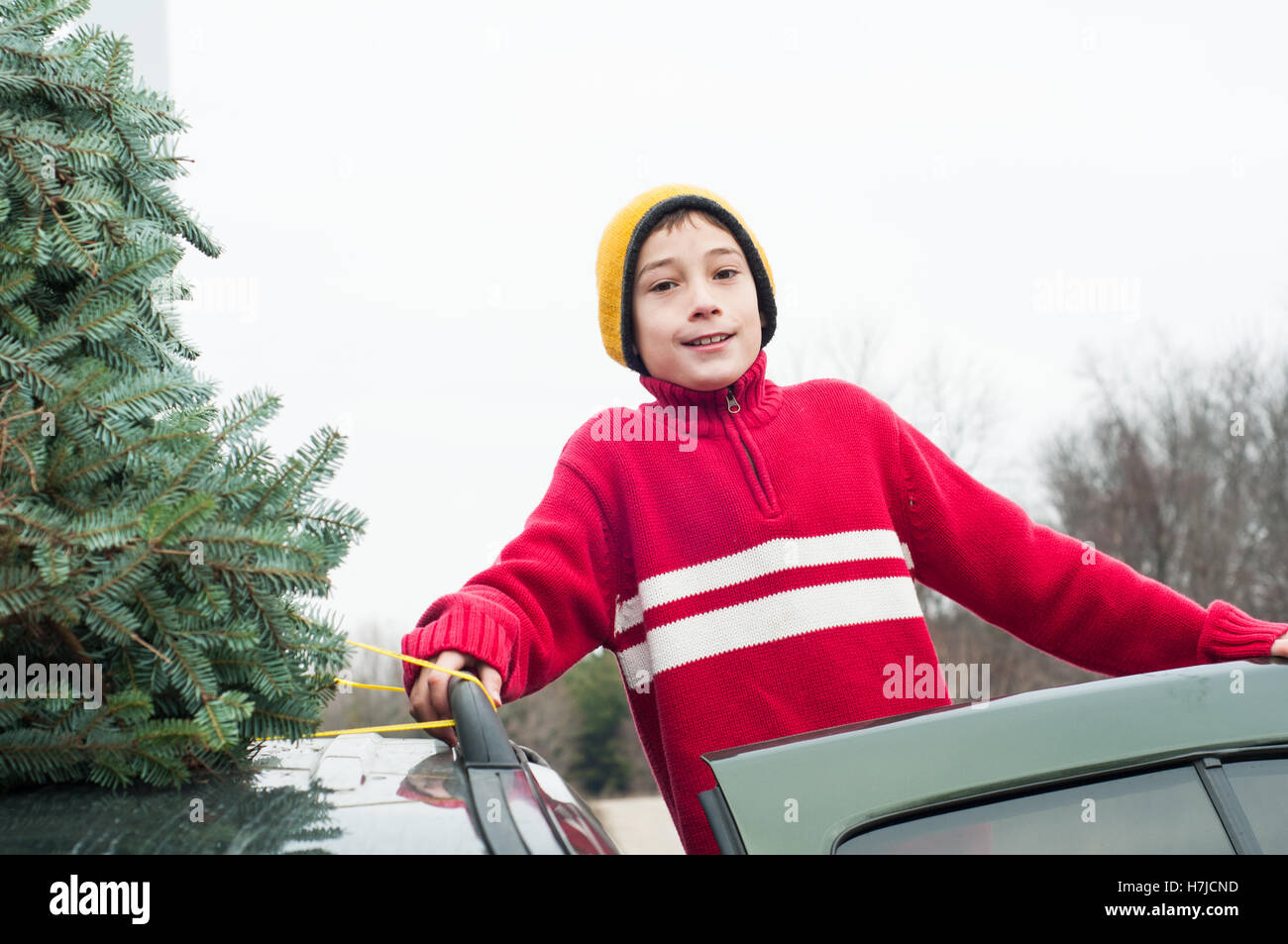 Ragazzo con un fresco tagliato albero di natale sul tetto di una vettura Foto Stock