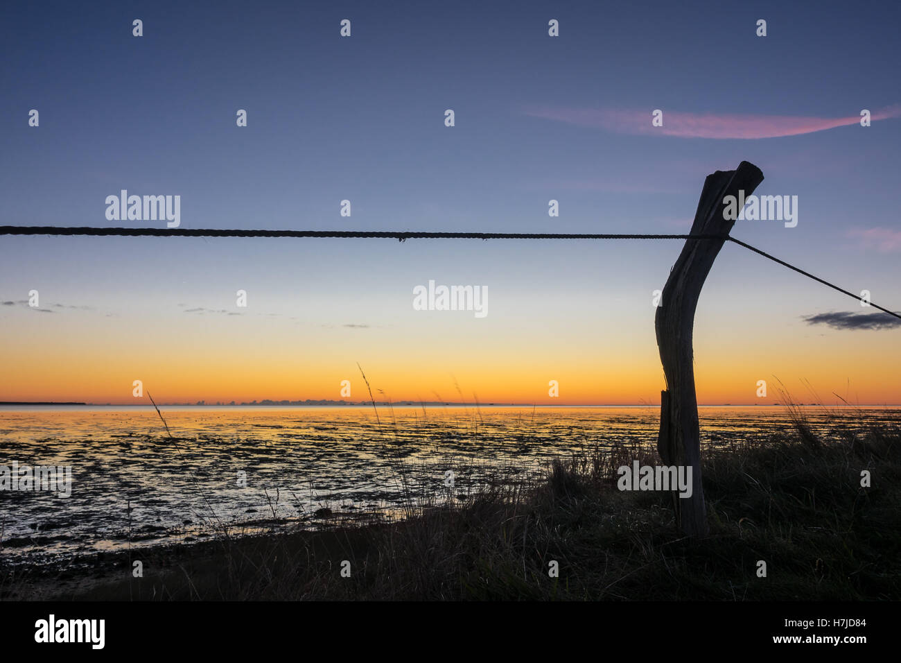 Alba sulla costa del Mare del Nord dell'isola Amrum, Germania Foto Stock