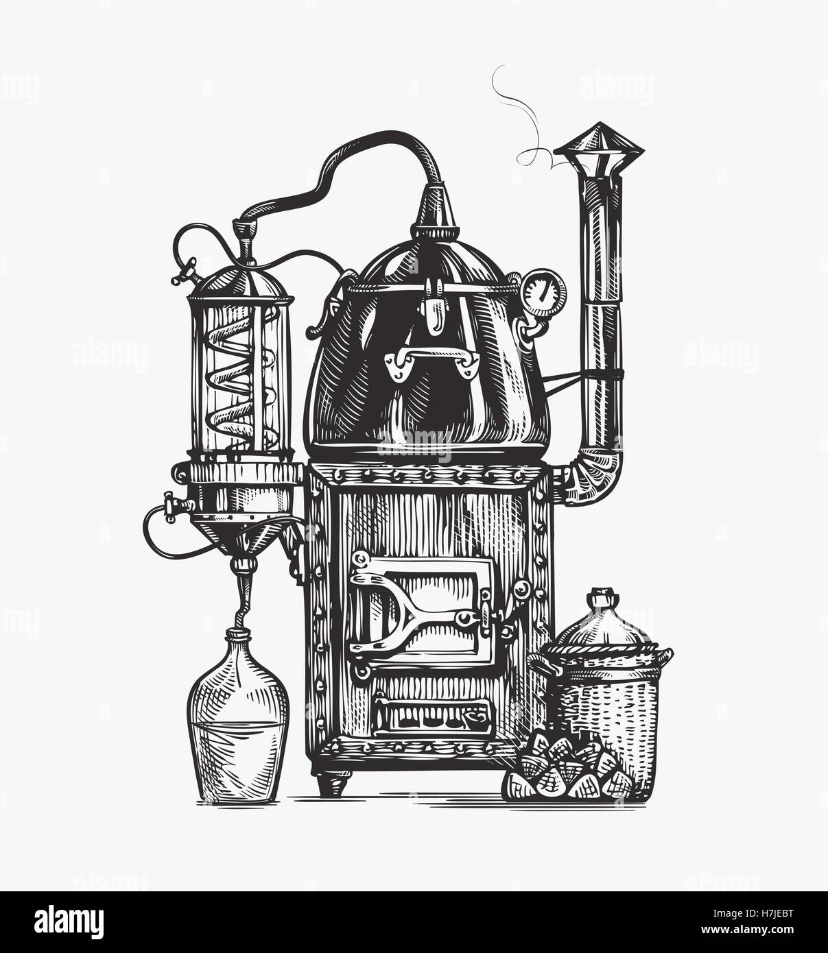 Apparecchio di distillazione sketch. Hooch illustrazione vettoriale Illustrazione Vettoriale