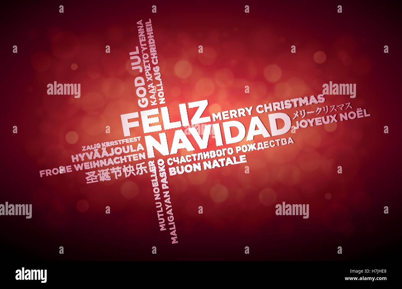 Multi language Buon Natale disegno tipografica. Testo spagnolo è al centro della pagina. Nuvola di parole in diverse lingue Illustrazione Vettoriale