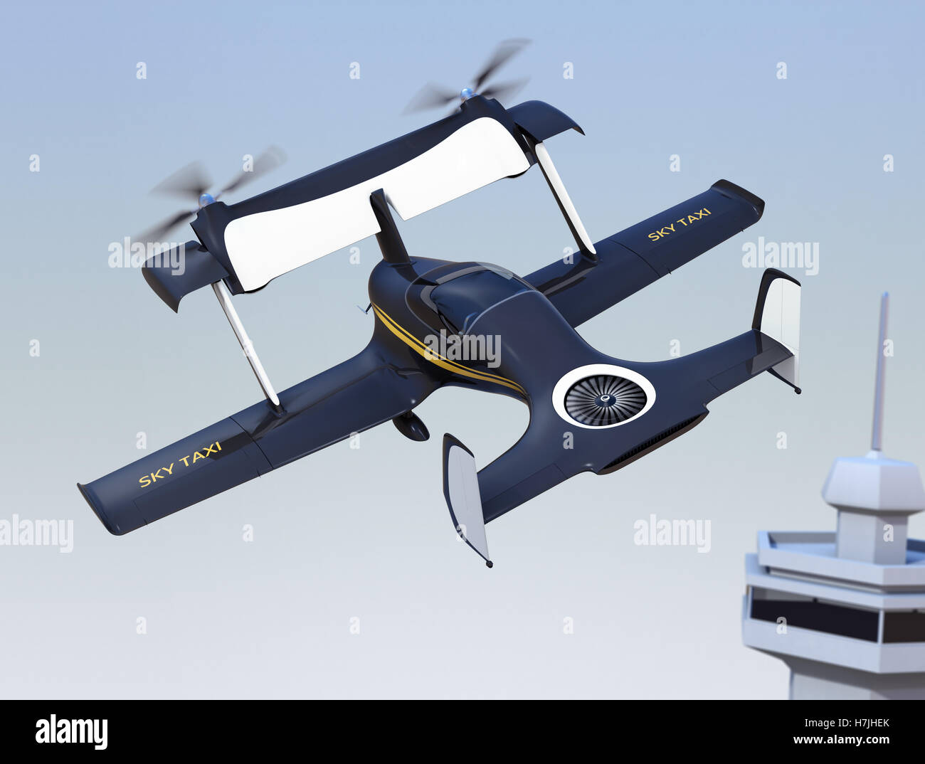 Volo autonomo drone taxi concetto. 3D rendering immagine Foto Stock