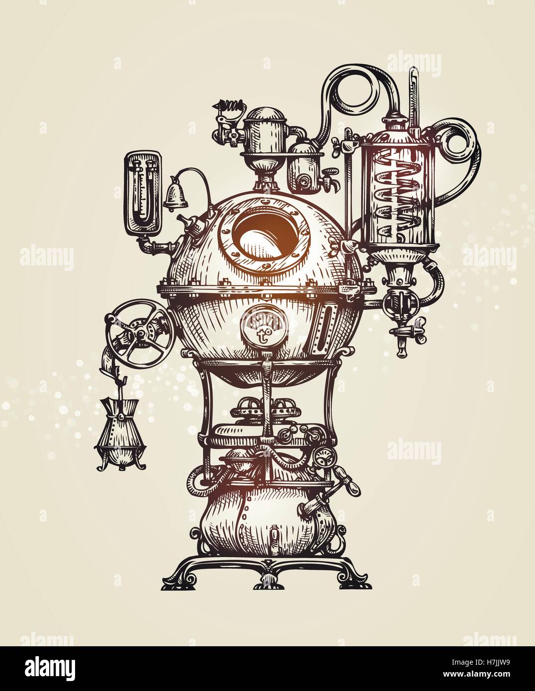 Vintage apparecchio di distillazione sketch. moonshine illustrazione vettoriale Illustrazione Vettoriale